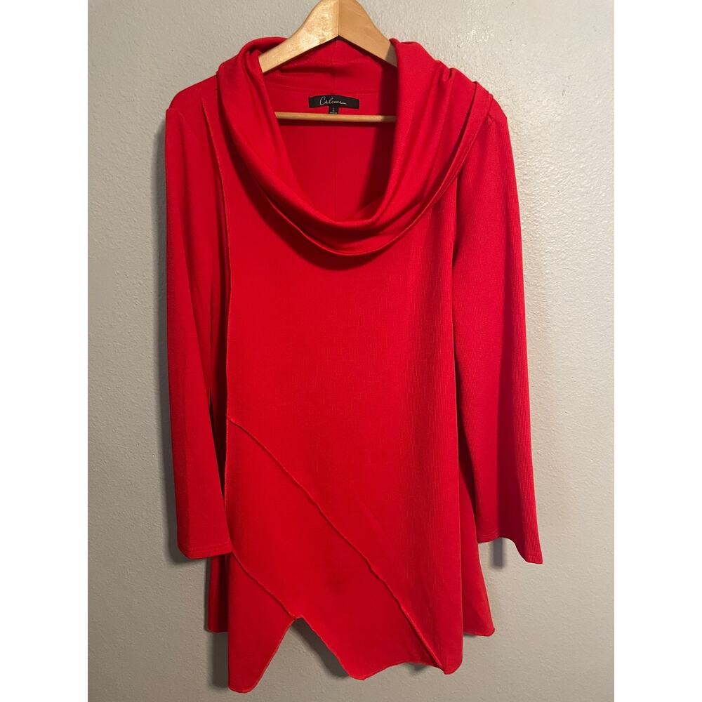Calessa Tunic Sweater Womens Large Red Asymmetrical Hem Cowl Neck Lagenlook